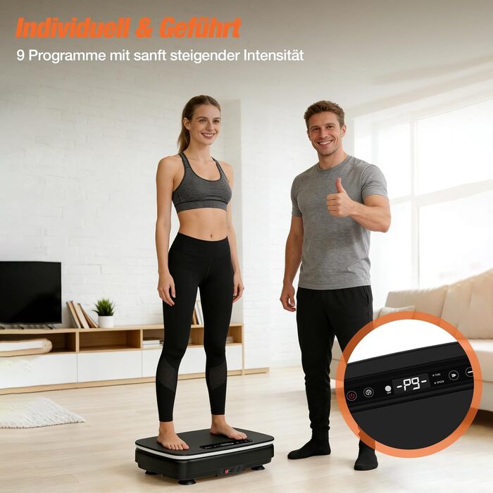 Вібраційна платформа DH FitLife для дому | Рюттельплатта з 0–99 рівнями та таймером | 9 автоматичних програм | Тиха вібраційна платформа з присосками | Підсвічування та Bluetooth-динамік | З ременями | Макс. 150 кг