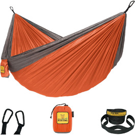 Гамак для кемпінгу Wise Owl Outfitters – односпальний або двоспальний, для дому та вулиці, з сумкою для зберігання, аксесуарами для рюкзака та подорожей, оранжевий / сірий