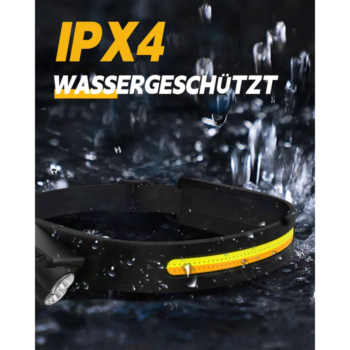 LED налобний ліхтар з акумулятором, регульований кут 270°, 1200 люменів, 7 режимів, датчик руху, водонепроникний IPX4, 2400mAh, для кемпінгу та піших прогулянок, чорний