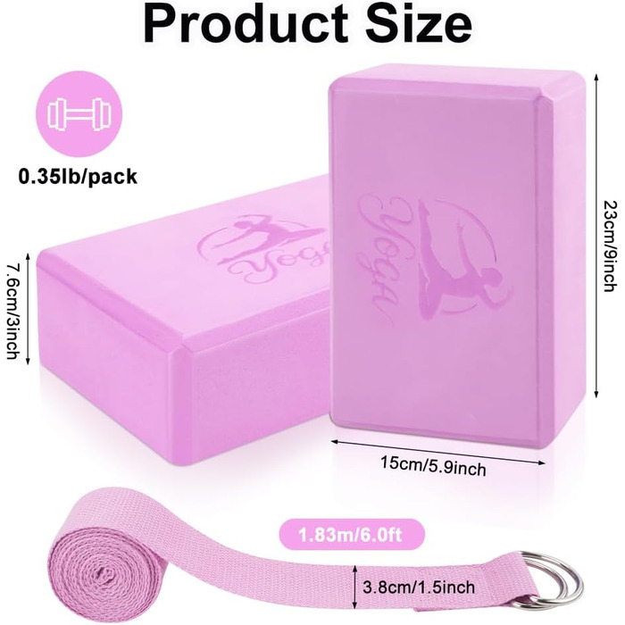 Набір для йоги: 2 блоки EVA + 2 ремені для йоги (рожеві), 22.9х11.4х9.5 см, щільний пінопласт, без латексу, для пілатесу та стречингу
