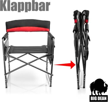 Крісло для кемпінгу BigDean 150 кг з столиком – складне крісло з підсклянником та кишенею. Якісне рибальське крісло сірого/чорного кольору. Складне крісло режисера (чорний/червоний)