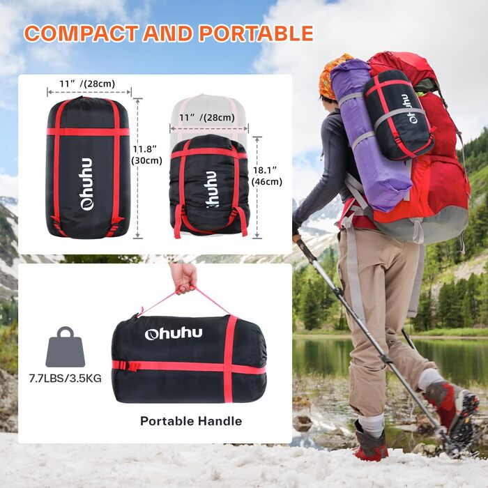 Спальний мішок на дво персони Ohuhu 220x150 см, чорний, для кемпінгу, подорожей, сімейного відпочинку та фестивалів