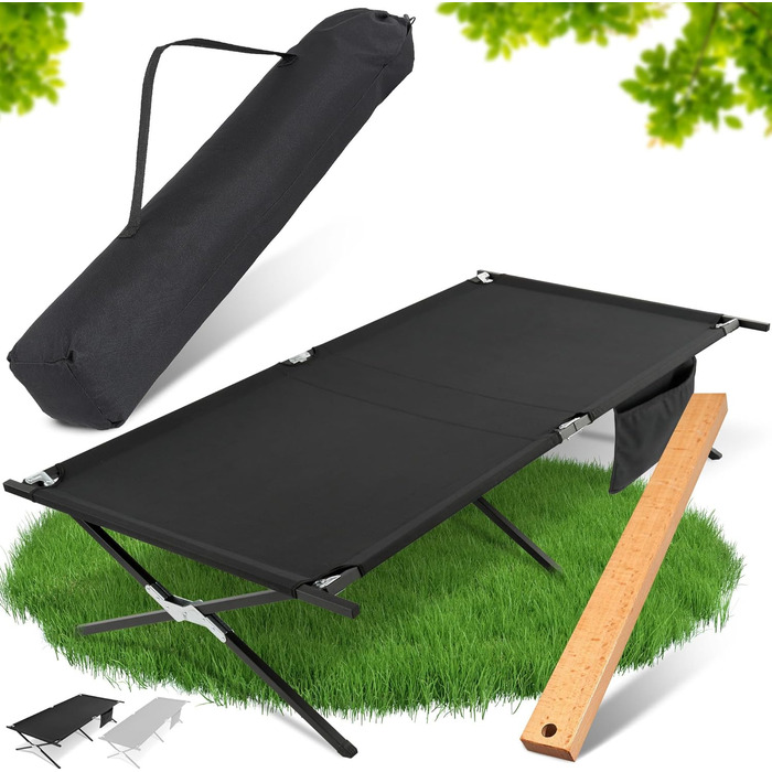 Кемпінгове ліжко HAINBAUR XXL 210x100/210x70, чорне, до 200 кг, складне, з інструментом для збирання