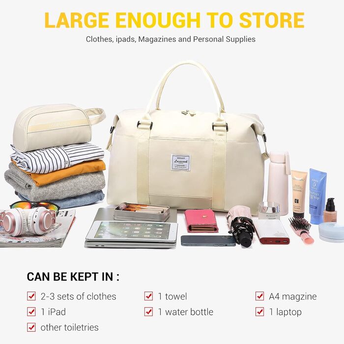 Спортивна сумка LOVEVOOK для жінок: водонепроникна дорожня сумка-мішок, 35L, бежева