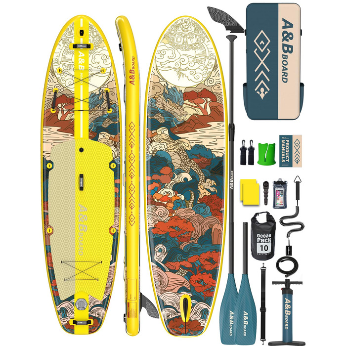 SUP дошка ABBOARD надувна 335 см, жовта - для 2 осіб, вантажопідйомність 200 кг, преміум комплект аксесуарів для початківців та сімейного відпочинку