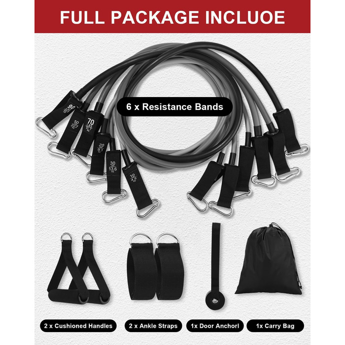 Набір фітнес-гумок 6 шт., гумки для фітнесу з 6 рівнями опору 270 LBS, з дверними фіксаторами, ручками, кісточками, ідеально підходить для нарощування м'язів, пілатесу, фізіотерапії для домашнього спортзалу та тренувань на відкритому повітрі