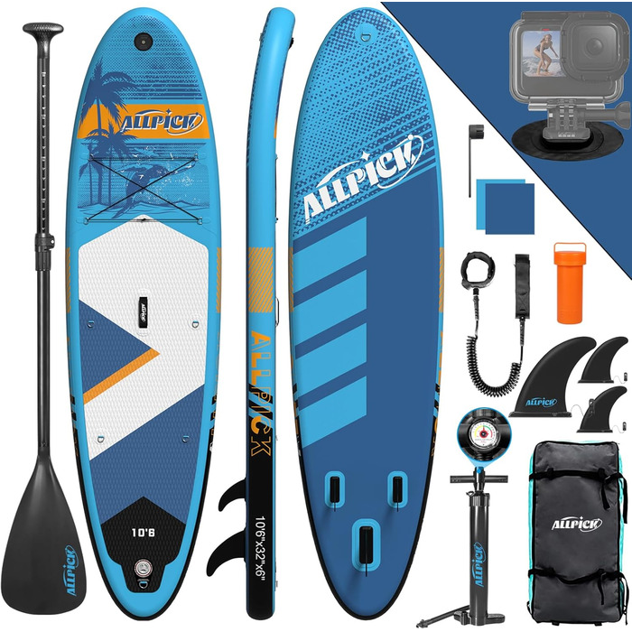 Надувна SUP-дошка ALLPICK Premium, 180 кг, з камеротримачем, веслом і аксесуарами, для початківців і досвідчених, синя для океану