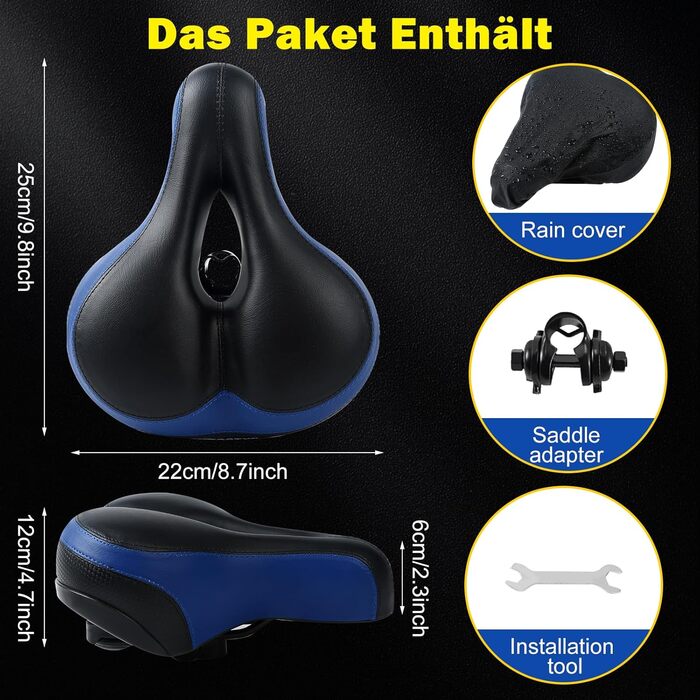 Велосипедне сідло з гелевою подушкою Pro 2.0: широке, м'яке, комфортне, дихаюче, з пам'яттю форми, водонепроникне, блакитне