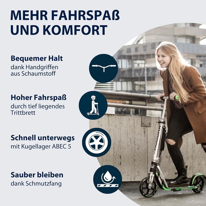 Самокат HUDORA BigWheel 205 алюмінієвий, міський, складаний, регульований по висоті, для дітей і дорослих до 100 кг, з підніжкою
