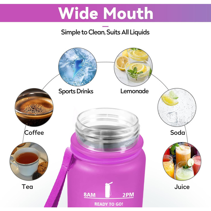 Спортивна пляшка 1л з маркуванням часу, фільтром, для води з газом, велосипеда, бігу, дорослих (1000 мл, Rosenfuchsien-cyan)