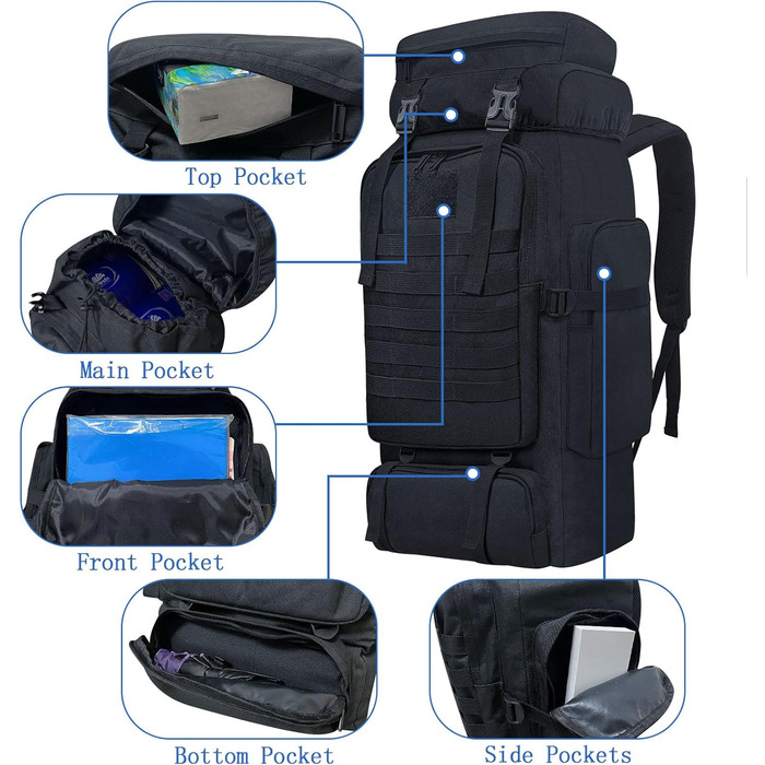 Тактичний туристичний рюкзак 80 л Molle, водостійкий, великий військовий рюкзак для походів та спорту, чорний