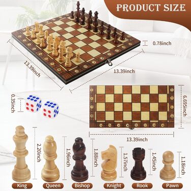 Набір для гри в шахи 3-в-1, дерев'яний, магнітний, 34 x 34 см. Шахи для дітей, для ігор, сімейних вечірок