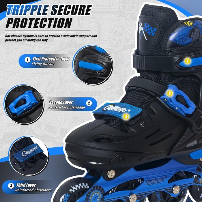 Інлайнерожі Nattork для дітей та дорослих, регульовані, 4 розміри, дизайн для катання, блакитні (37-40)