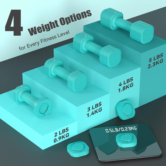 Sportneer Регульовані гантелі для жінок - набір з 2 гантелей (0,9–2,3 кг кожна), 4-в-1 набір гантелей з неслизьким ТПУ-покриттям, набір гантелей для домашнього спортзалу, фітнесу та силових тренувань (Блакитний)