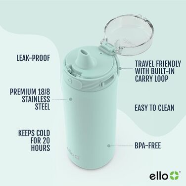 Пляшка для води Ello Cooper з нержавіючої сталі 530 мл, вакуумна, з трубочкою та ручкою, герметична, багаторазова, BPA-free