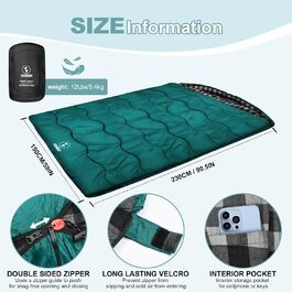 Спальний мішок Baumwolle для 2 осіб, зимовий, водовідштовхувальний, великий (Queen Size), для кемпінгу та подорожей на автодомі (темно-зелений-сірий)