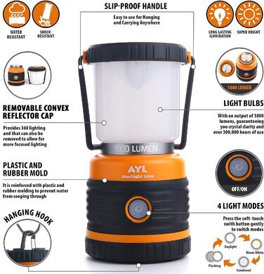 Ліхтар кемпінговий AYL LED 1800 LM з Power Bank 4400 mAh - 4 режими, водонепроникний IP44, для походу та надзвичайних ситуацій