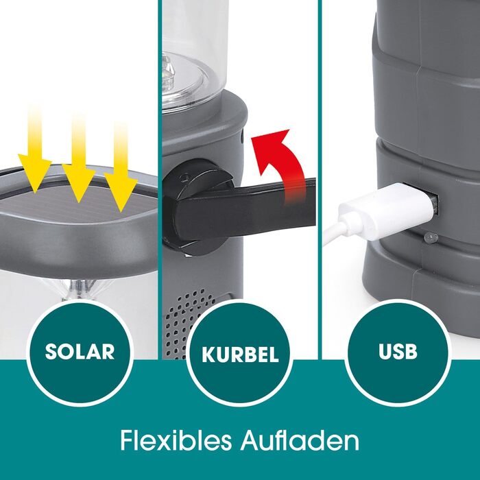 Сонячна лампа EASYmaxx з радіо | Радіо та ліхтар для надзвичайних ситуацій з ручним приводом | LED ліхтарик ідеально підходить для відпочинку на природі, кемпінгу та виживання | Повторно заряджається за допомогою сонячної енергії, ручного приводу та USB [