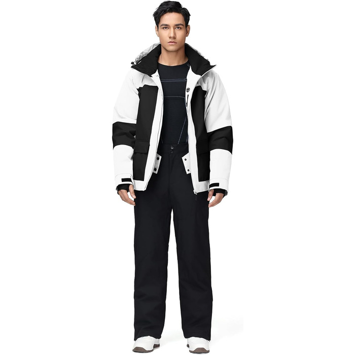 Комплект гірськолижний чоловічий HOTIAN: куртка та штани, дихаючий, водонепроникний, вітрозахисний, знімний капюшон, для сноуборду, розмір XL, чорний та білий