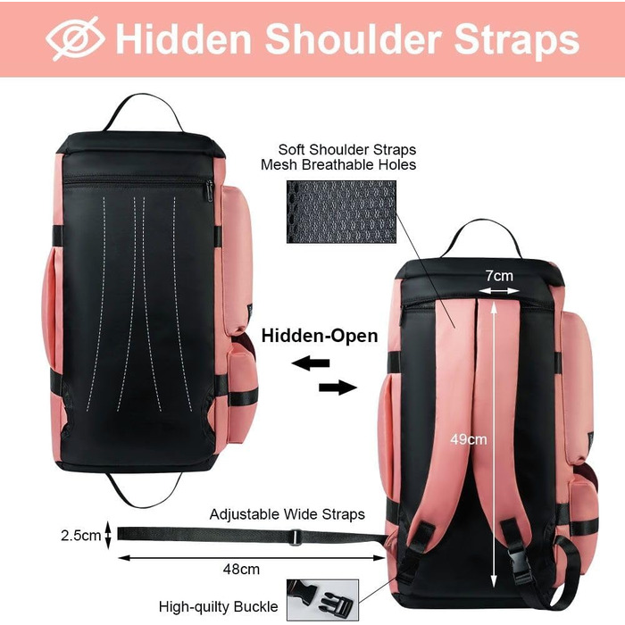 Спортивна сумка Flintronic 65L для тренувань та подорожей з відділенням для взуття та мокрих речей, функція рюкзака, рожева