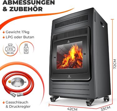 Газовий обігрівач KESSER®: газовий камін-піч, інфрачервоний нагрівач 3,4 кВт, 2 режими, з газовим редуктором та шлангом, для бутану/пропану до 11 кг, антрацит