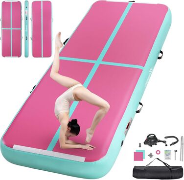 FBSPORT Airtrack Matte - килимок для гімнастики та йоги, 300x100x20 см, зелено-рожевий, з насосом та сумкою