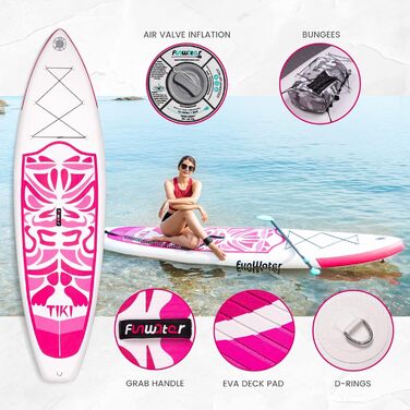 SUP дошка FunWater надувна з комплектом: весло, насос, рюкзак, ліш, сумка, грейдпад, 3 м, зелено-рожева