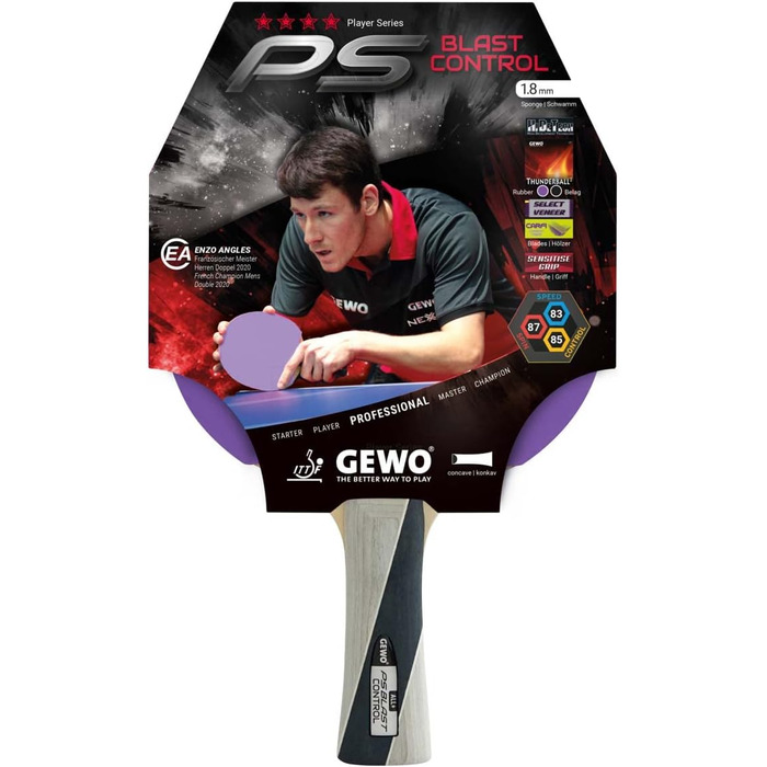 GEWO PS Blast Control – професійна ракетка для настільного тенісу, ITTF, з накладкою Thunderball 2, контроль, висока обертальність, 1,8 мм, ручка конкавна