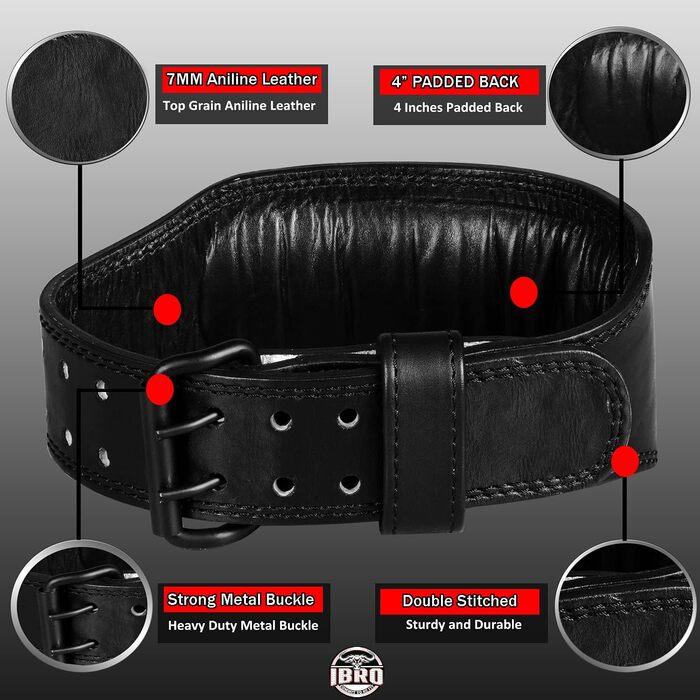 Позбиковий пояс для важкої атлетики IBRO з натуральної шкіри, 7 мм, для чоловіків, присідання, станова тяга, силові тренування, бодібілдинг, міцна сталева роликова застібка, комфортне важке підняття, м'яка спинна підтримка (чорний, XS)
