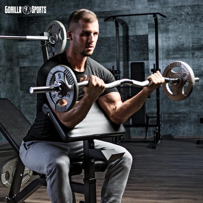 Набір гантелей GORILLA SPORTS 35 кг з SZ-грифом 120 см, чавунні диски 2x1,25 кг, 2x2,5 кг, 4x5 кг, діаметр 30 мм, рифлений хват, 2 замки-зірки