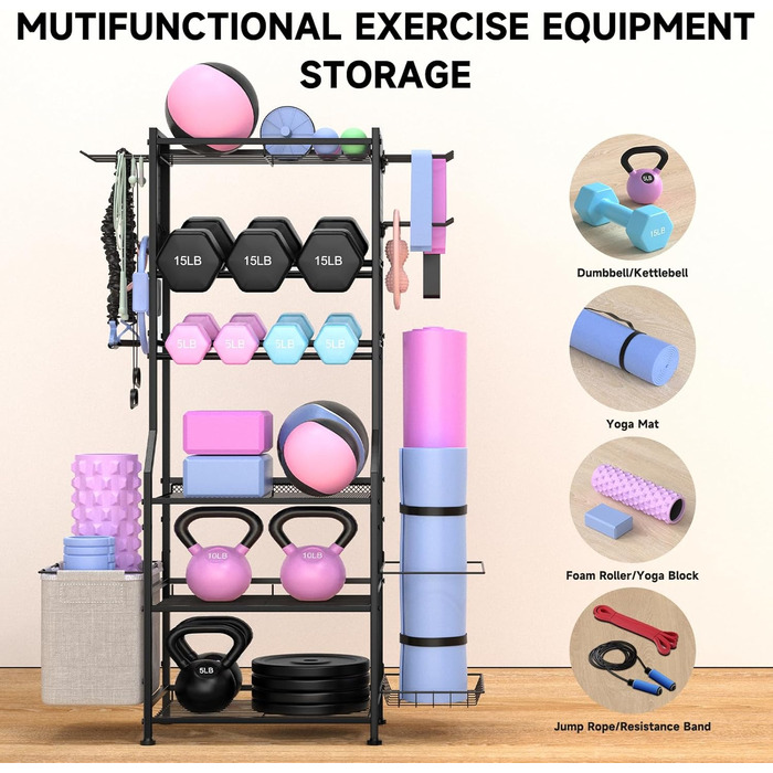 Металевий стійка для гантелей та гирь, органайзер для йога-матів, чорний. Підійде для домашнього спортзалу