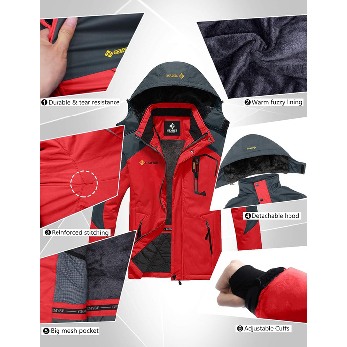 Чоловіча зимова куртка GEMYSE для катання на лижах, тепла, вітронепроникна, водонепроникна, дихаюча, з багатою кишенями, червоно-сіра, розмір M