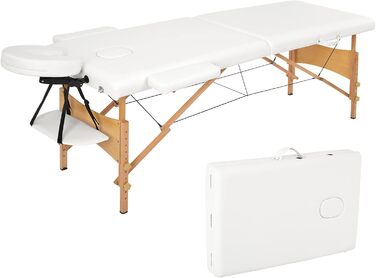 Масажне ліжко Mondeer з 2 зонами, регульована висота, складане, з дерева, для салону краси, з підголовником та підлокітниками (біле)