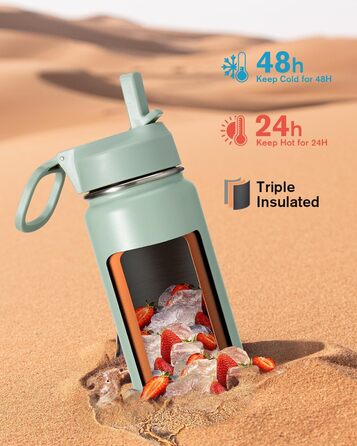 Фляга Coolflask 1,2 л з ізоляцією та трубочкою, нержавіюча сталь, 3 кришки, для спорту та офісу, зберігає холод до 48 годин, тепло до 24 годин, сіро-зелений колір