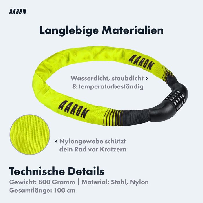 Замок для велосипеда AARON Lock One з 5-значним кодом, сталевий ланцюговий замок, високий рівень захисту, підходить для E-bike, MTB, Trekking, Tour, Road bike (Жовтий)