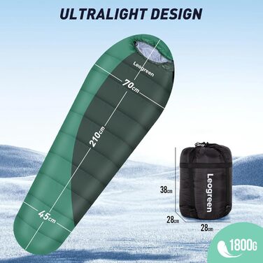 Спальник Leogreen пуховий для дорослих, 3-4 сезони (-15℃ ~ +5℃), 300 GSM, 1800г, для кемпінгу, туризму та альпінізму, 210x80x35 см (Зелений)