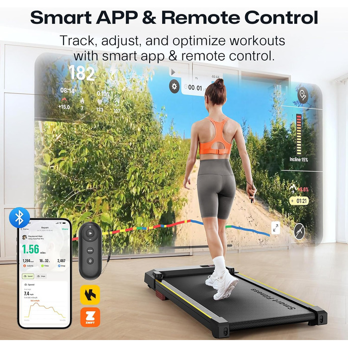 UREVO Smart Walking Pad - компактний тихий біговий столик з амортизацією, додаток для фітнесу, до 136 кг, для дому/офісу, чорний