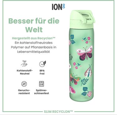 Пляшка для води Ion8 500 мл, не протікає, легка чистка, BPA-free, з ручкою та кришкою, з метеликами, для спорту та школи