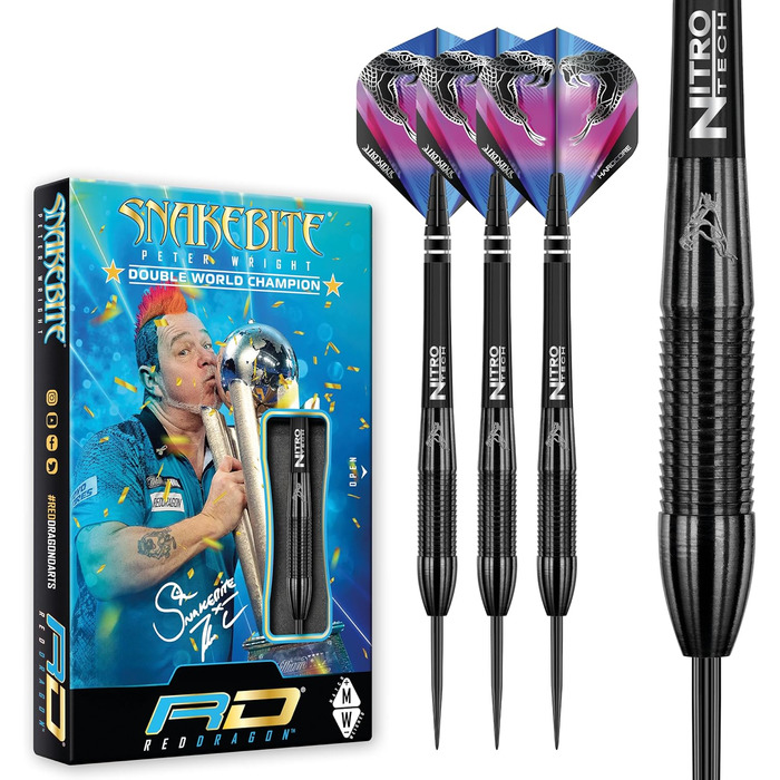 Дротики Red Dragon Peter Wright Snakebite 3, вольфрамові, 22 г, з оперенням і стрижнями