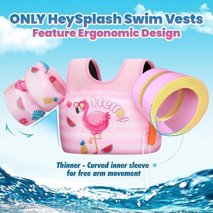 Schwimmflügel HeySplash для дітей 14-30 кг, рожеві, з писником, регульовані, для навчання плаванню