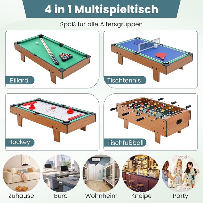 COSTWAY 4-в-1 ігровий стіл: пінг-понг, хокей, футбол, більярд, дерев'яний, для дітей та дорослих