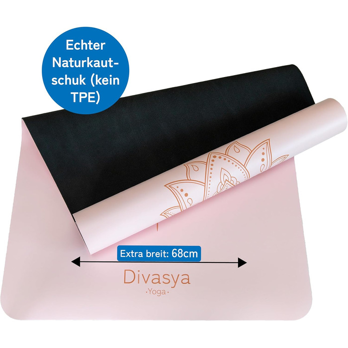 Преміум йога-мат DIVASYA, нековзкий, натуральний каучук, професійне японське покриття, 185x68x0,45 см, ремінець, 4,5 мм, без шкідливих речовин, пастельно-рожевий