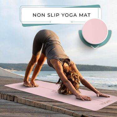 Протиковзкий килимок для йоги та фітнесу YOGATI з натурального каучуку, великий килимок з розміткою та сумкою для перенесення, рожевий