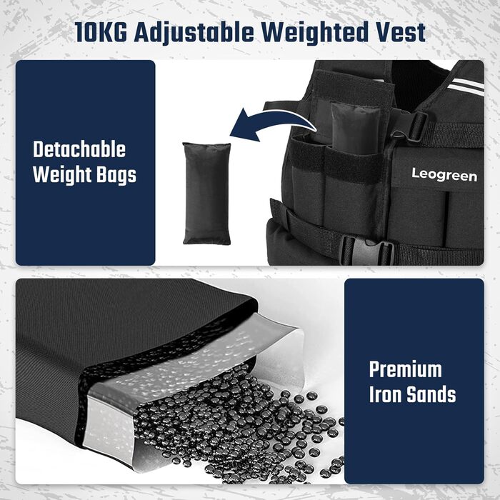 Вага для тренувань Leogreen 10/20 кг, регульована, з 20 знімними вагами, світловідбиваючими смугами, для жінок та чоловіків, біг, силове тренування, чорна