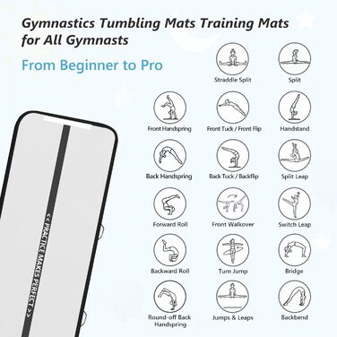 Гімнастичний надувний мат для занять фітнесом та йогою, товщина 10/20 см, розміри 3/4/5/6 м, чорна, для дому, парку та води