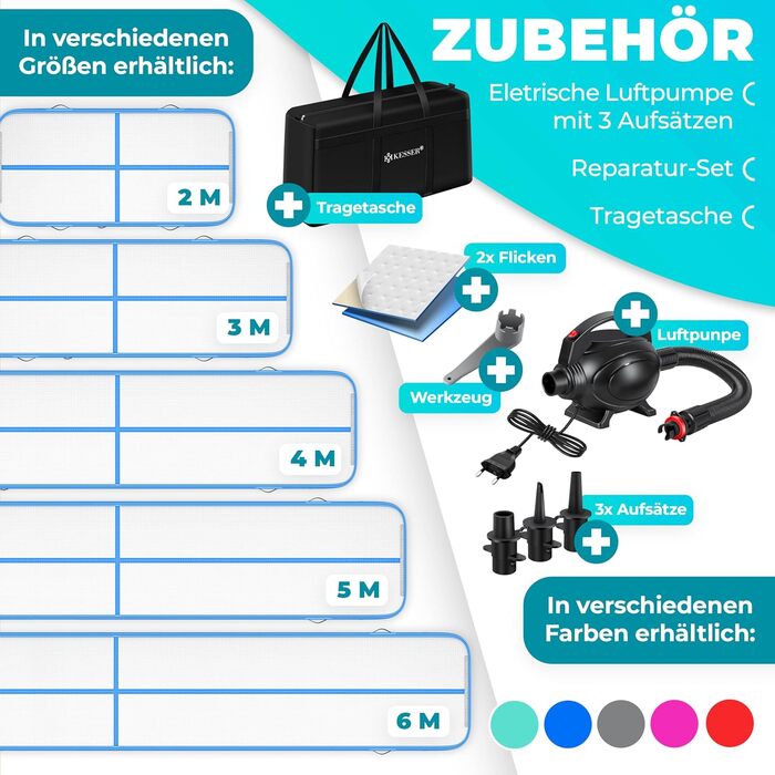 Надувна гімнастична матка KESSER® Airtrack 2м/3м/4м/5м/6м | Килимок для фітнесу, йоги, акробатики | з сумкою та електропомпою | Мінт-зелений (блакитний)