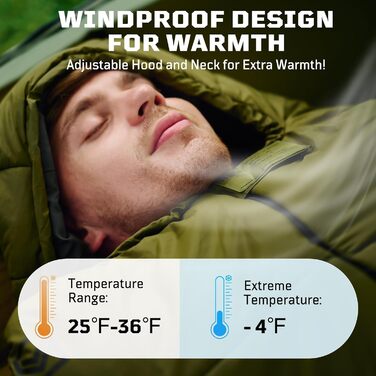 Спальний мішок для дорослих, екстремальний холод (до -3°C), 3-4 сезони, мумія, зелений. З капюшоном, кишенею для телефону та компресійним мішком для кемпінгу, туризму, полювання.