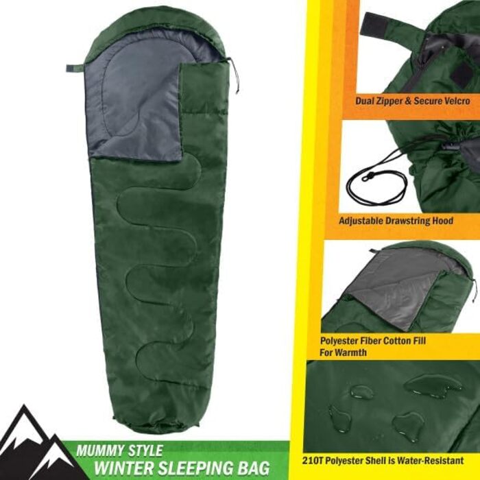 Спальний мішок Wakeman Outdoors для холодної погоди (-3.9°C), водонепроникний, з капюшоном та шнурком, зелений