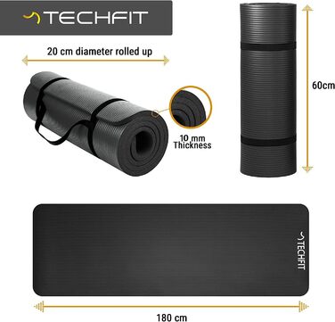 Йога мат TechFit: неслизька, товста (10 мм), для фітнесу, пілатесу, кемпінгу, чорна