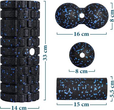 Набір масажних роликів для м'язів та фасцій (Foam Roller Set): великий ролик, міні-ролик та дуо-бол для йоги та відновлення, синій